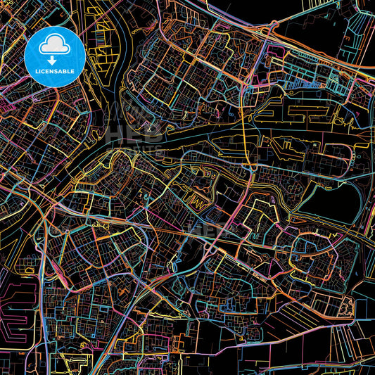 Dordrecht, South Holland, Netherlands, colorful city map on black background