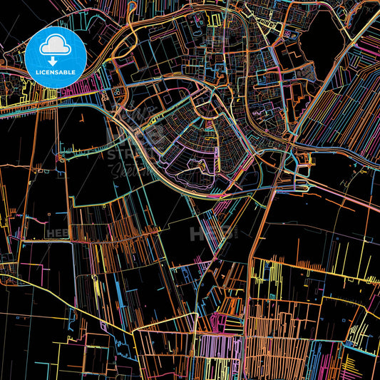 Alphen aan den Rijn, South Holland, Netherlands, colorful city map on black background