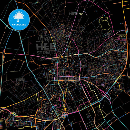Emmen, Drenthe, Netherlands, colorful city map on black background