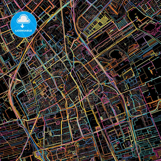 Delft, South Holland, Netherlands, colorful city map on black background