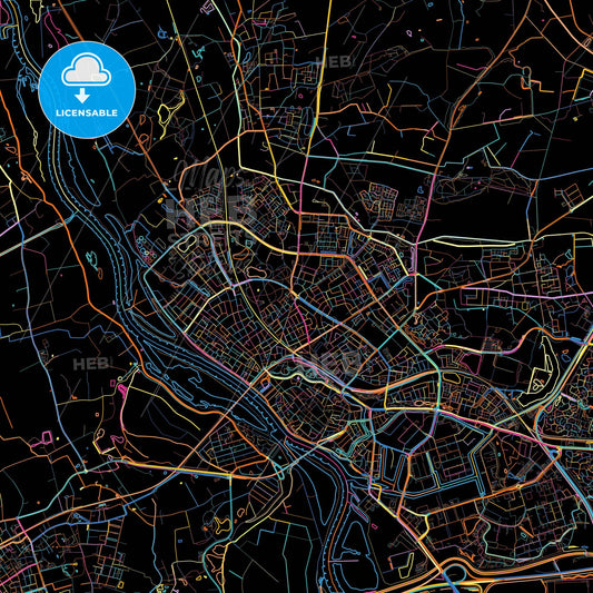 Deventer, Overijssel, Netherlands, colorful city map on black background