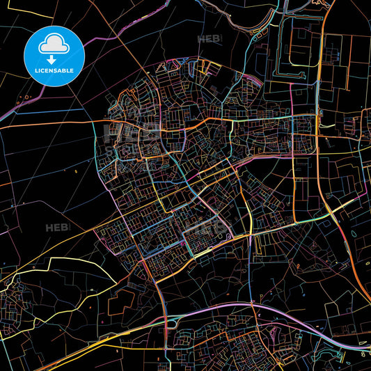 Oss, North Brabant, Netherlands, colorful city map on black background