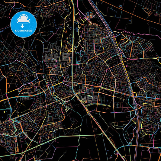 Helmond, North Brabant, Netherlands, colorful city map on black background