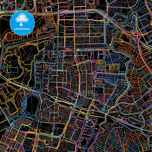 Amstelveen, North Holland, Netherlands, colorful city map on black background