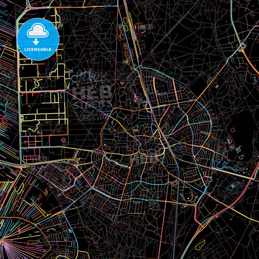 Hilversum, North Holland, Netherlands, colorful city map on black background