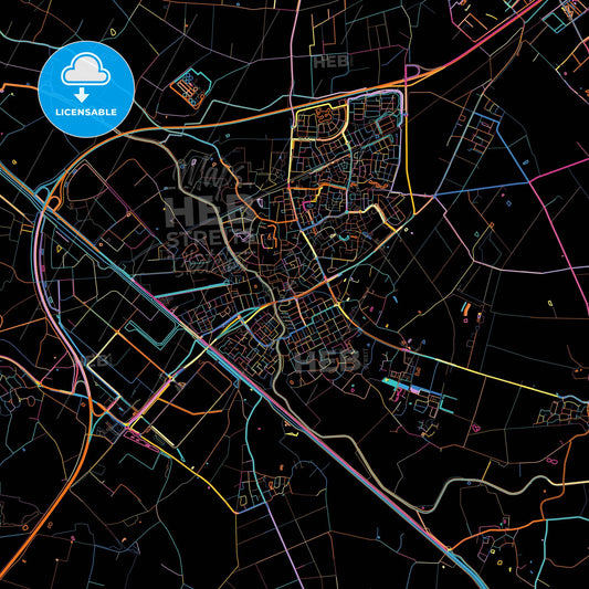 Meierijstad, North Brabant, Netherlands, colorful city map on black background