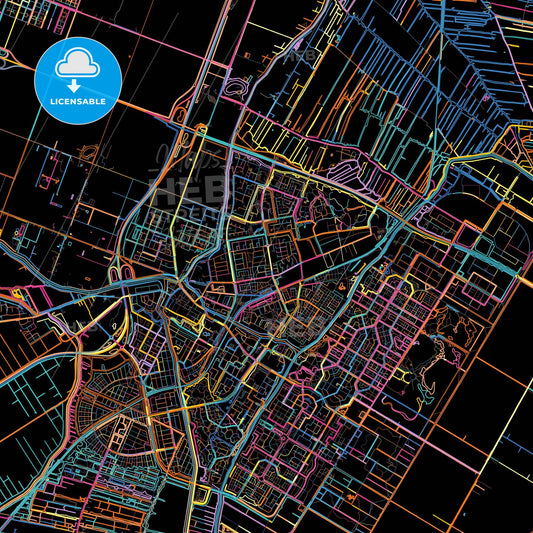 Purmerend, North Holland, Netherlands, colorful city map on black background