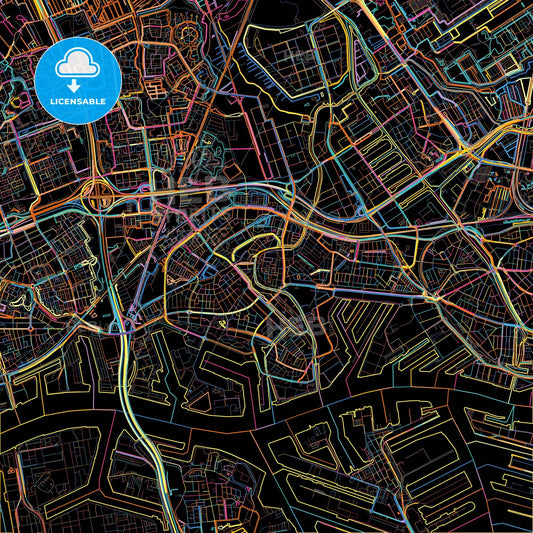 Schiedam, South Holland, Netherlands, colorful city map on black background