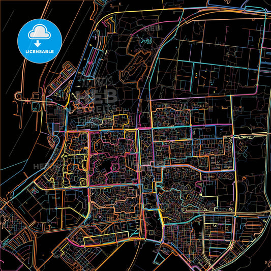 Lelystad, Flevoland, Netherlands, colorful city map on black background
