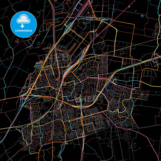 Roosendaal, North Brabant, Netherlands, colorful city map on black background