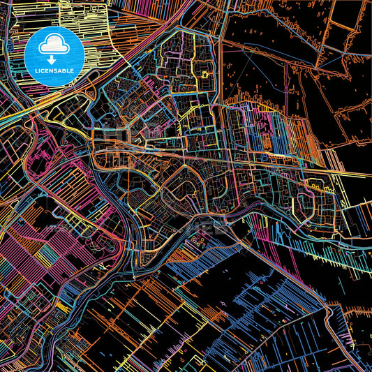 Gouda, South Holland, Netherlands, colorful city map on black background