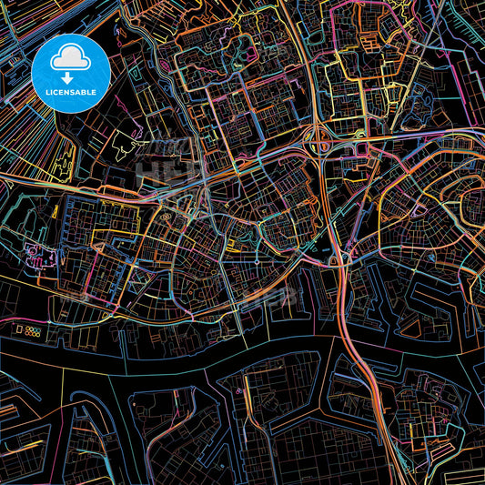 Vlaardingen, South Holland, Netherlands, colorful city map on black background