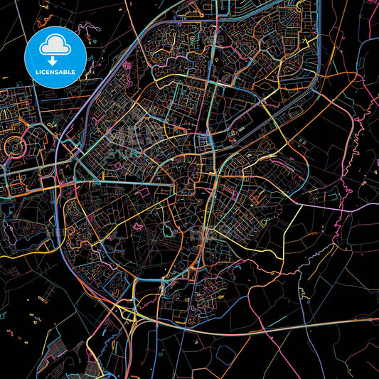 Assen, Drenthe, Netherlands, colorful city map on black background