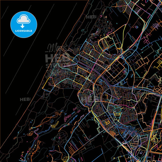 Katwijk, South Holland, Netherlands, colorful city map on black background