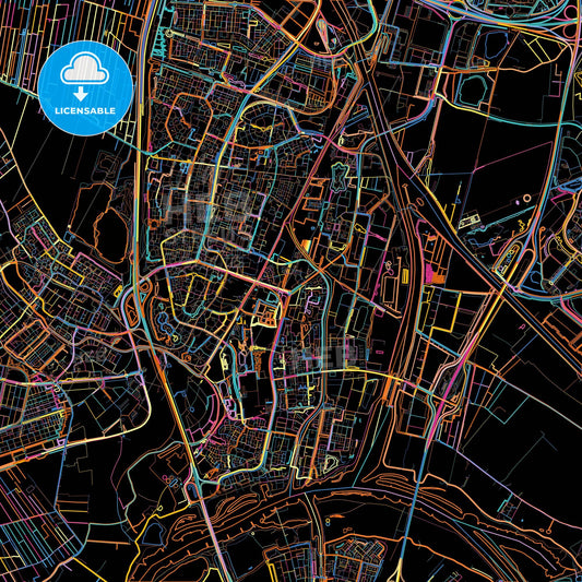 Nieuwegein, Utrecht, Netherlands, colorful city map on black background