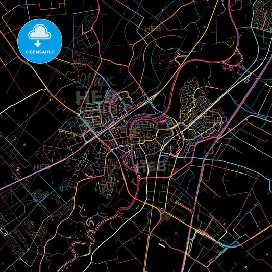 Hardenberg, Overijssel, Netherlands, colorful city map on black background