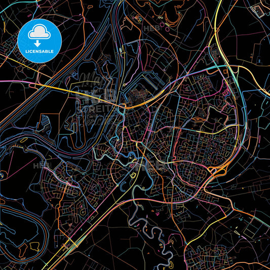 Roermond, Limburg, Netherlands, colorful city map on black background