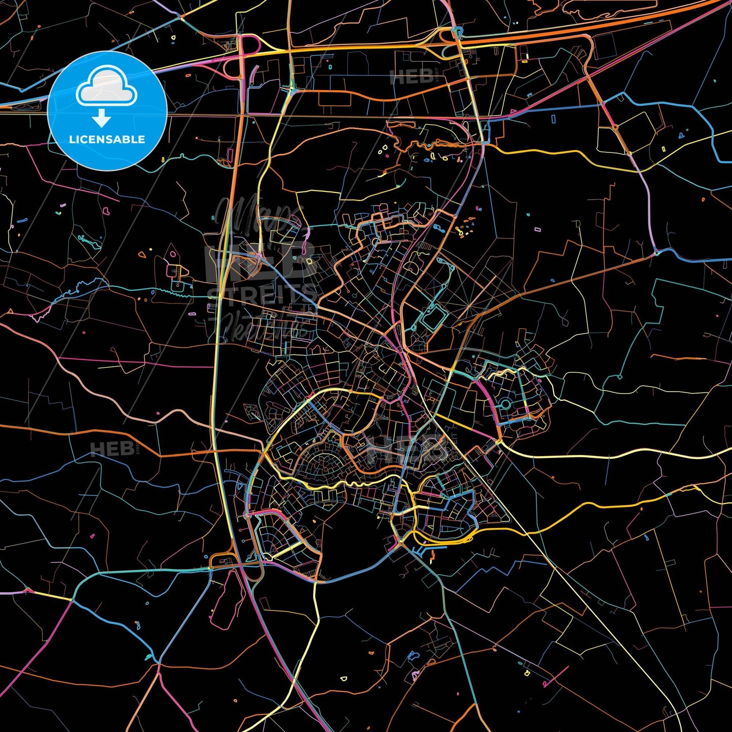 Barneveld, Gelderland, Netherlands, colorful city map on black background