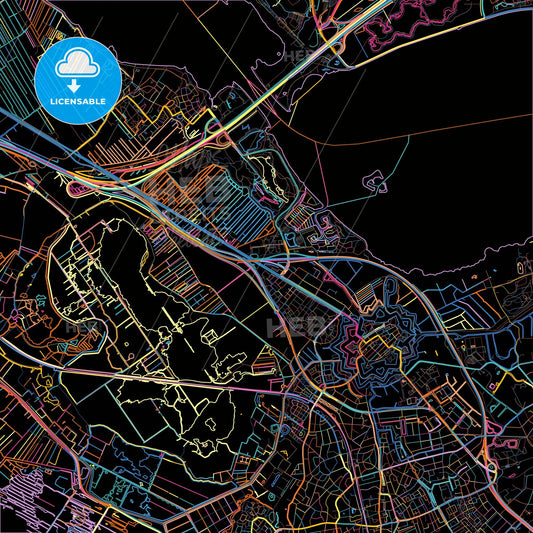 Gooise Meren, North Holland, Netherlands, colorful city map on black background