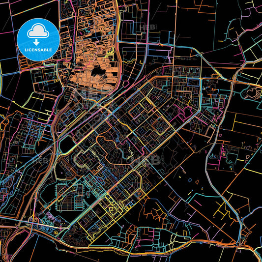 Heerhugowaard, North Holland, Netherlands, colorful city map on black background