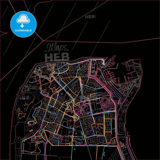 Den Helder, North Holland, Netherlands, colorful city map on black background