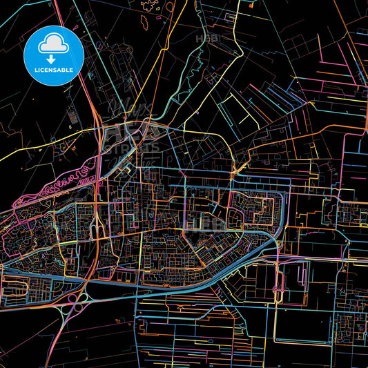 Hoogeveen, Drenthe, Netherlands, colorful city map on black background