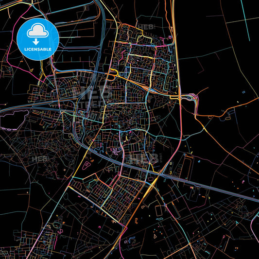 Oosterhout, North Brabant, Netherlands, colorful city map on black background