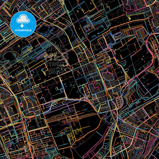 Pijnacker-Nootdorp, South Holland, Netherlands, colorful city map on black background