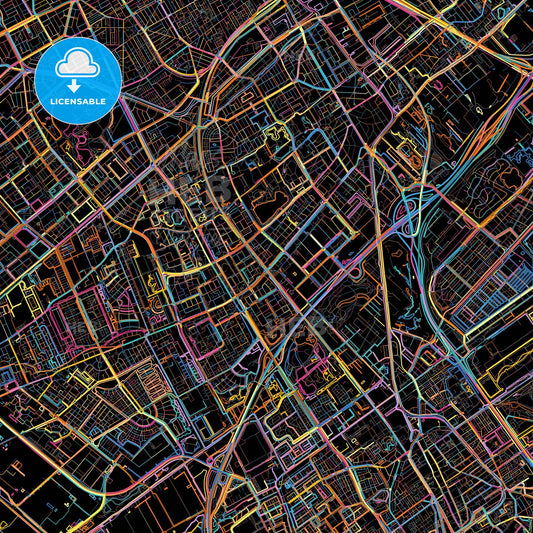 Rijswijk, South Holland, Netherlands, colorful city map on black background