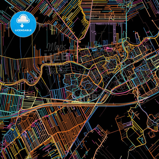 Woerden, Utrecht, Netherlands, colorful city map on black background