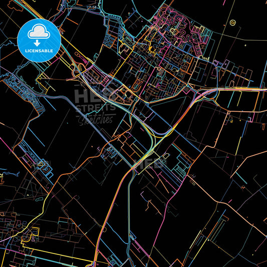 De Fryske Marren, Friesland, Netherlands, colorful city map on black background