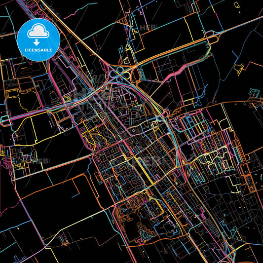 Heerenveen, Friesland, Netherlands, colorful city map on black background