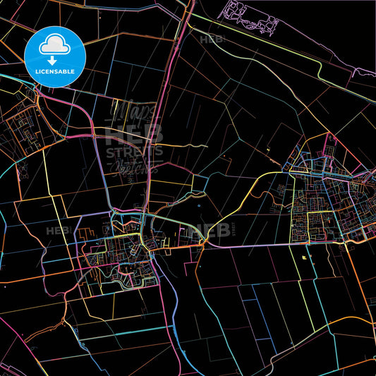 Goeree-Overflakkee, South Holland, Netherlands, colorful city map on black background