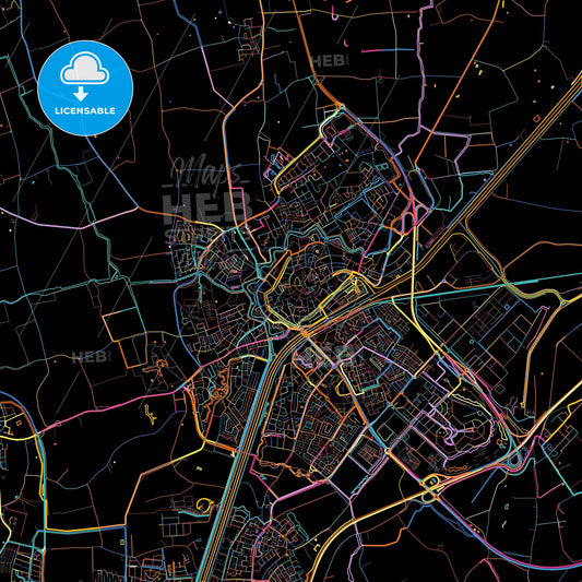 Middelburg, Zeeland, Netherlands, colorful city map on black background