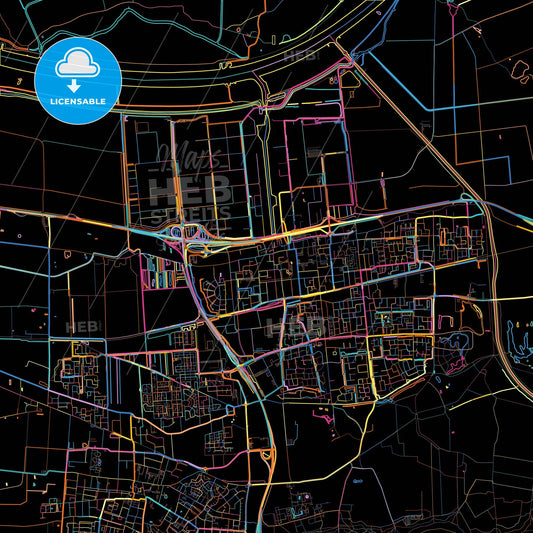 Waalwijk, North Brabant, Netherlands, colorful city map on black background