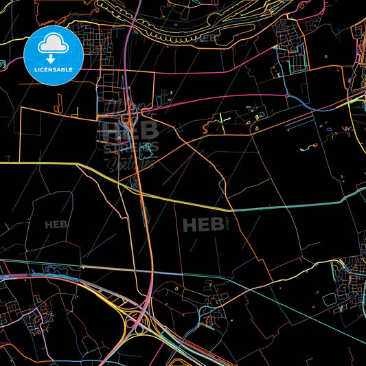 Overbetuwe, Gelderland, Netherlands, colorful city map on black background