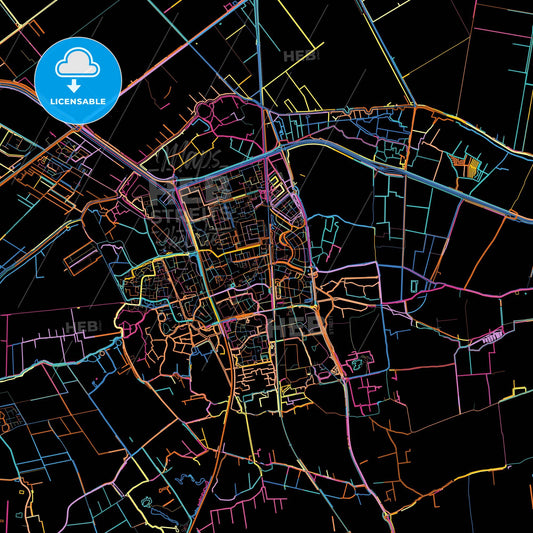 Schagen, North Holland, Netherlands, colorful city map on black background