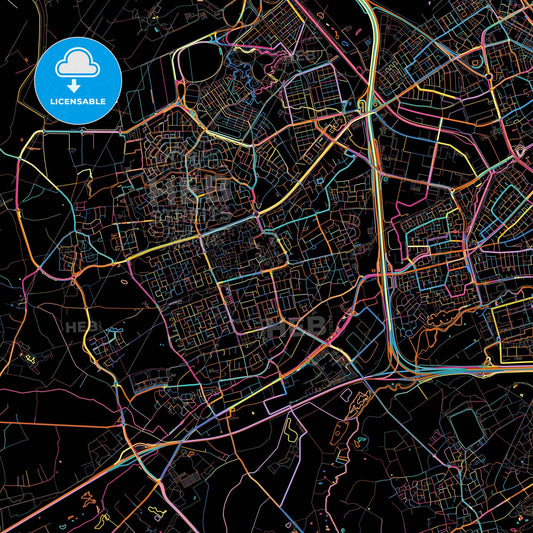 Veldhoven, North Brabant, Netherlands, colorful city map on black background