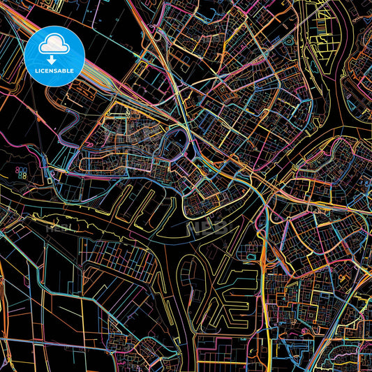 Zwijndrecht, South Holland, Netherlands, colorful city map on black background