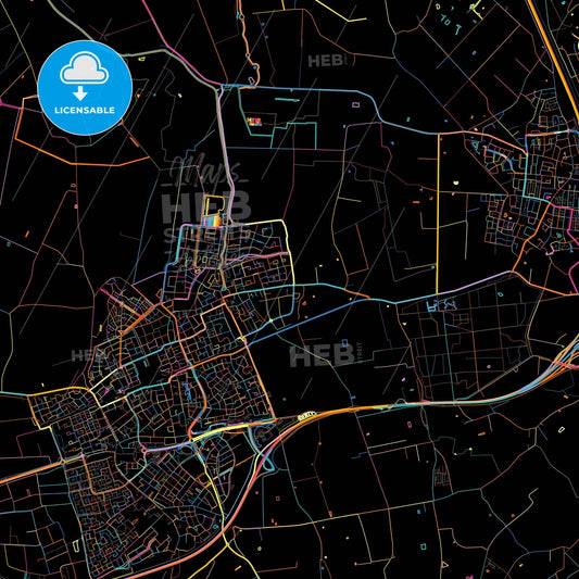Etten-Leur, North Brabant, Netherlands, colorful city map on black background