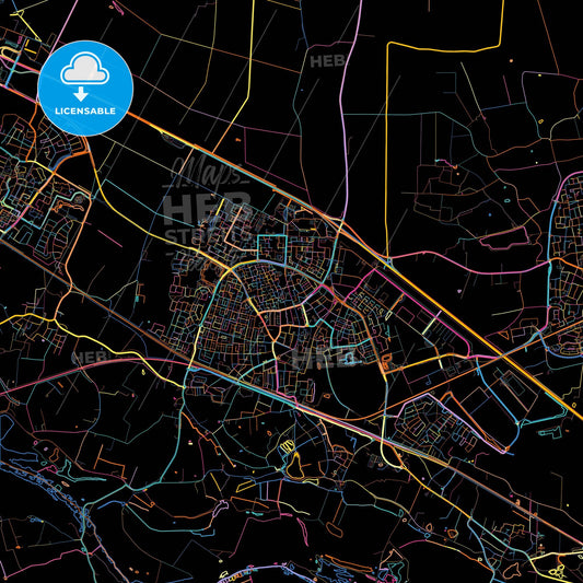 Zevenaar, Gelderland, Netherlands, colorful city map on black background
