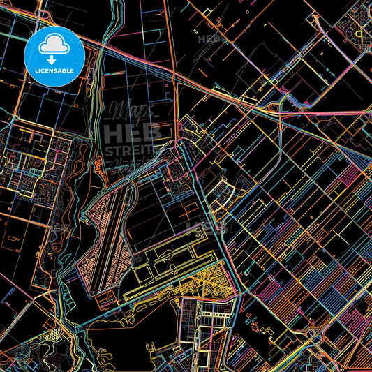 Zuidplas, South Holland, Netherlands, colorful city map on black background