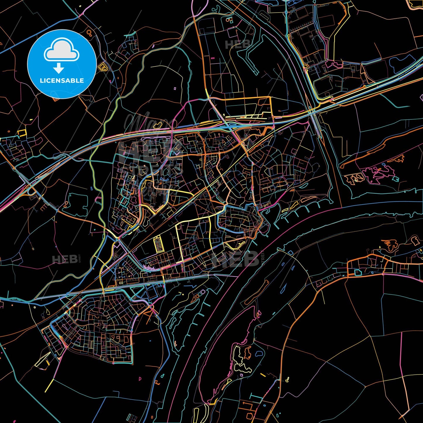 Tiel, Gelderland, Netherlands, colorful city map on black background