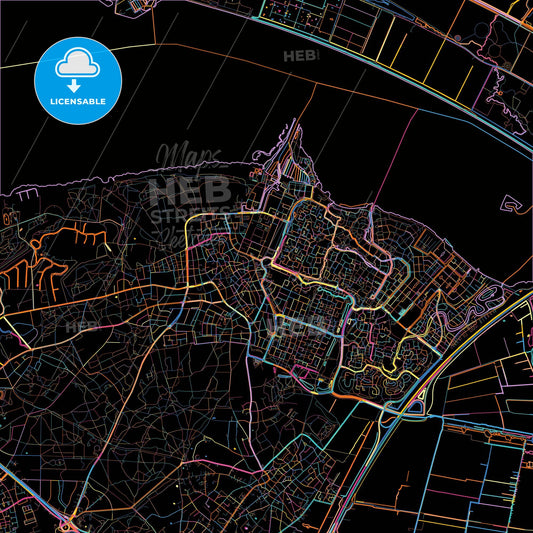 Huizen, North Holland, Netherlands, colorful city map on black background