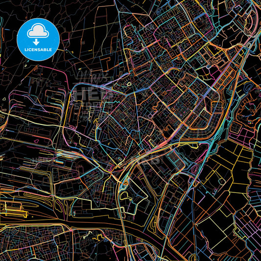 Beverwijk, North Holland, Netherlands, colorful city map on black background