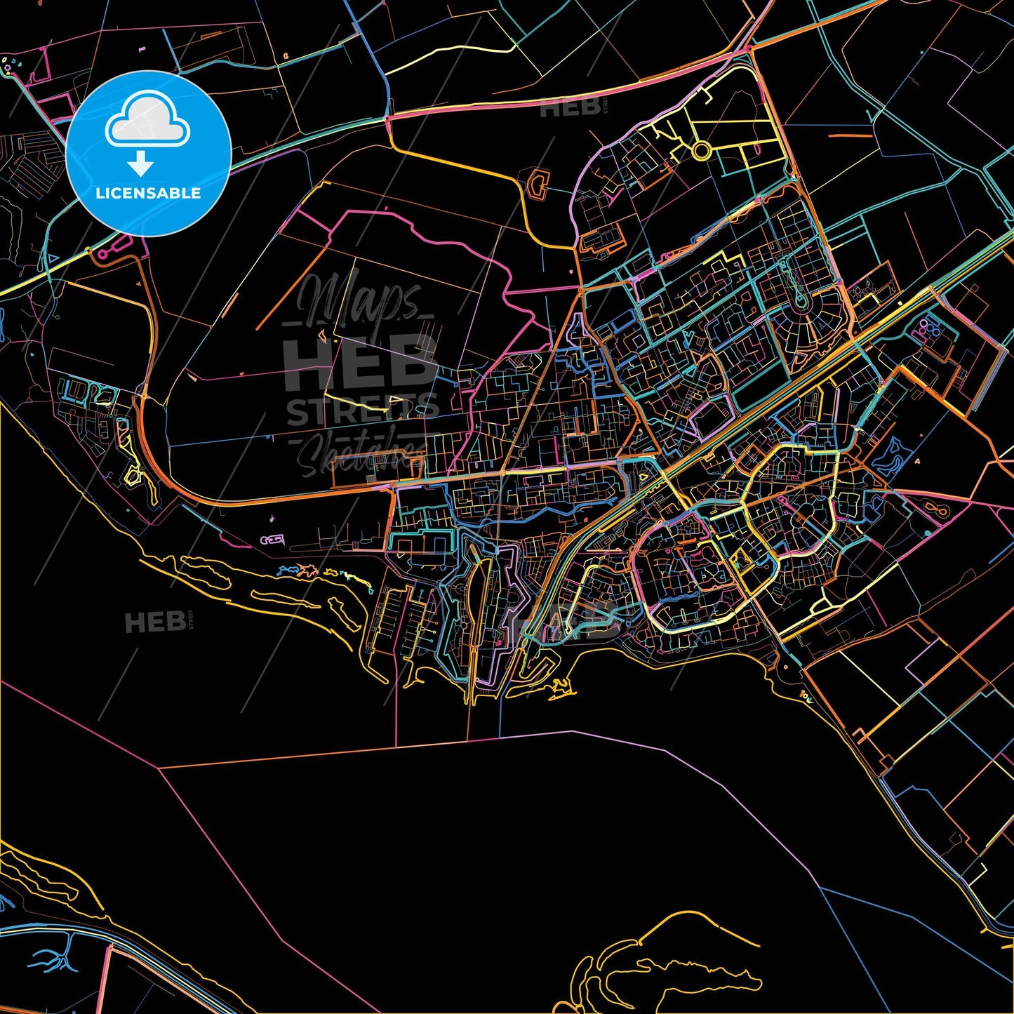 Hellevoetsluis, South Holland, Netherlands, colorful city map on black background