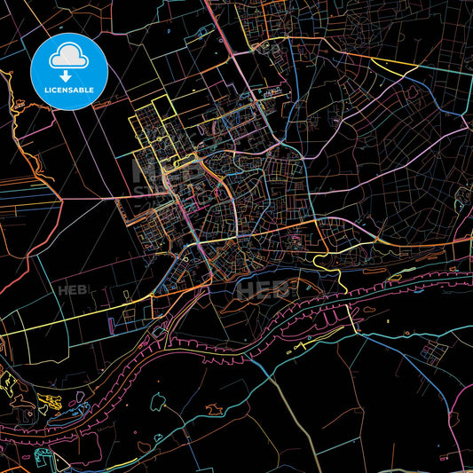 Wageningen, Gelderland, Netherlands, colorful city map on black background
