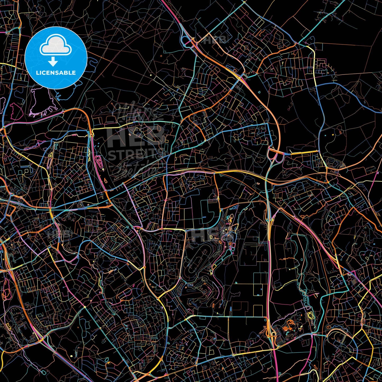 Landgraaf, Limburg, Netherlands, colorful city map on black background