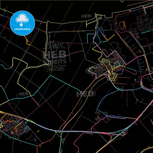 Moerdijk, North Brabant, Netherlands, colorful city map on black background