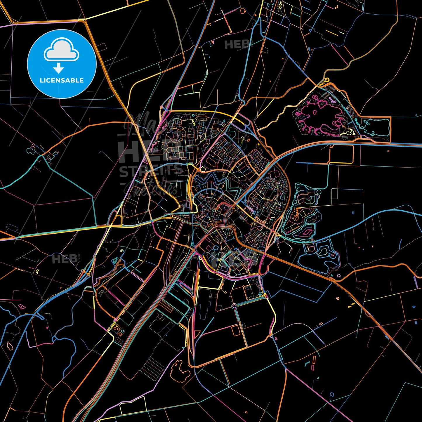 Coevorden, Drenthe, Netherlands, colorful city map on black background